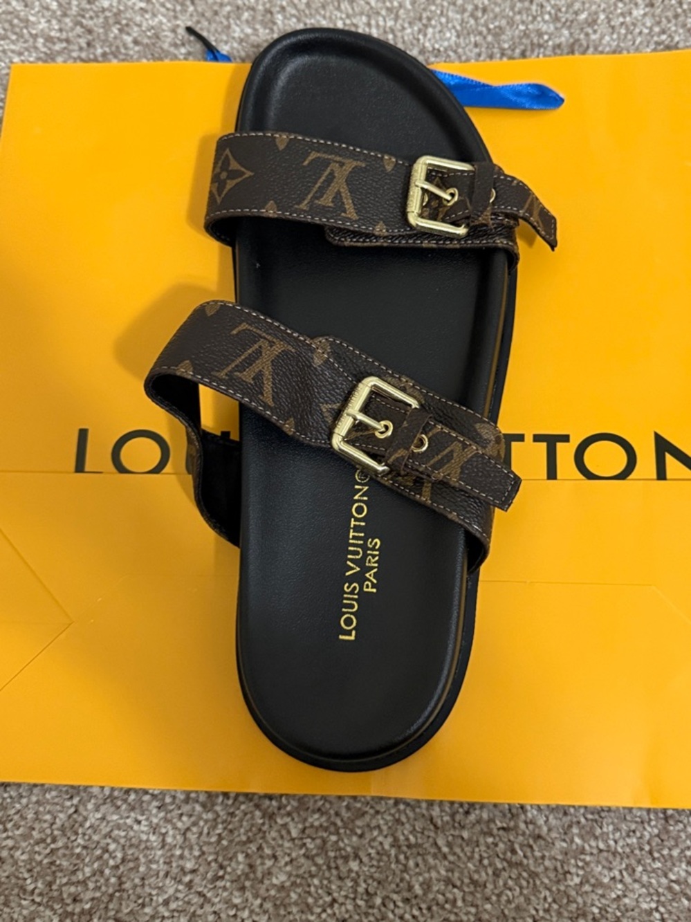 Louis Vuitton Brown Monogram Double-Buckle Slide Sandals with Gold Hardware